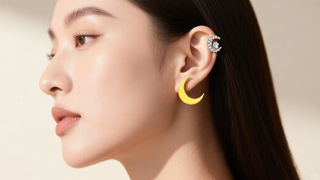 Side profile of a model wearing a pavé diamond moon stud on the helix and a solid yellow gold crescent moon stud on the earlobe