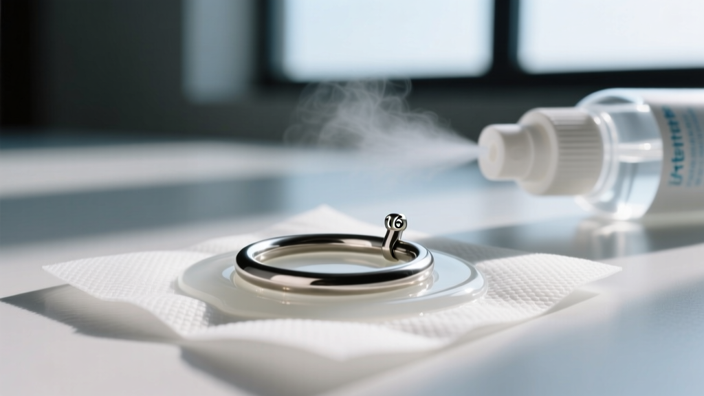 Macro shot of a 16-gauge titanium cartilage hoop on a sterile saline wipe, with a blurred aftercare spray bottle in the background.