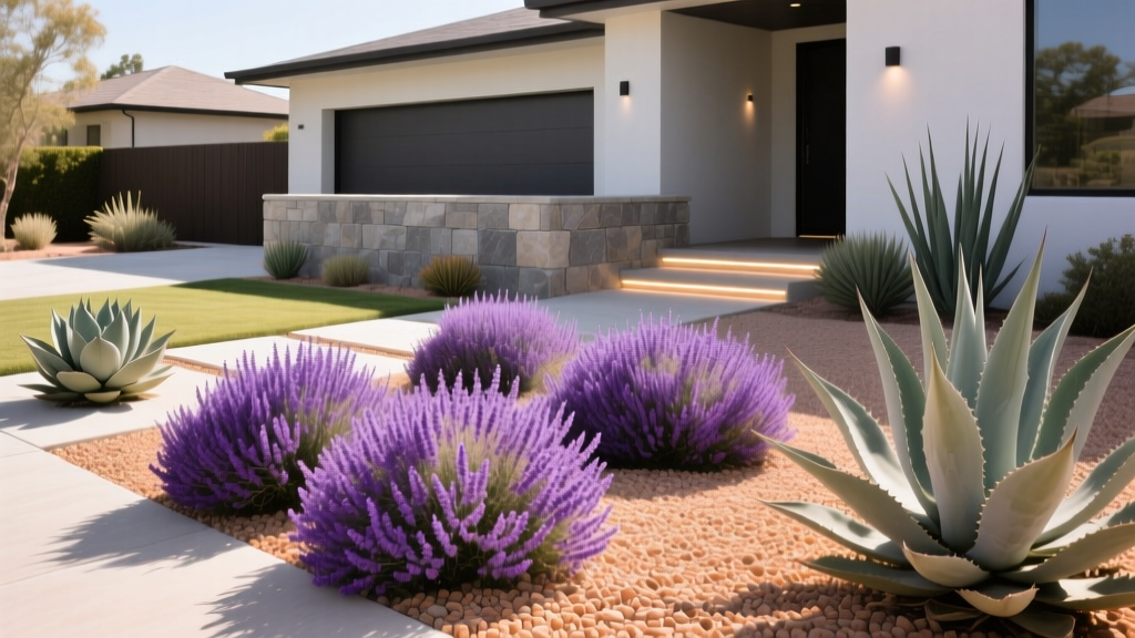 A vibrant xeriscaped front yard featuring purple Texas Sage shrubs, decorative gravel mulch, and drought-tolerant native succulents.