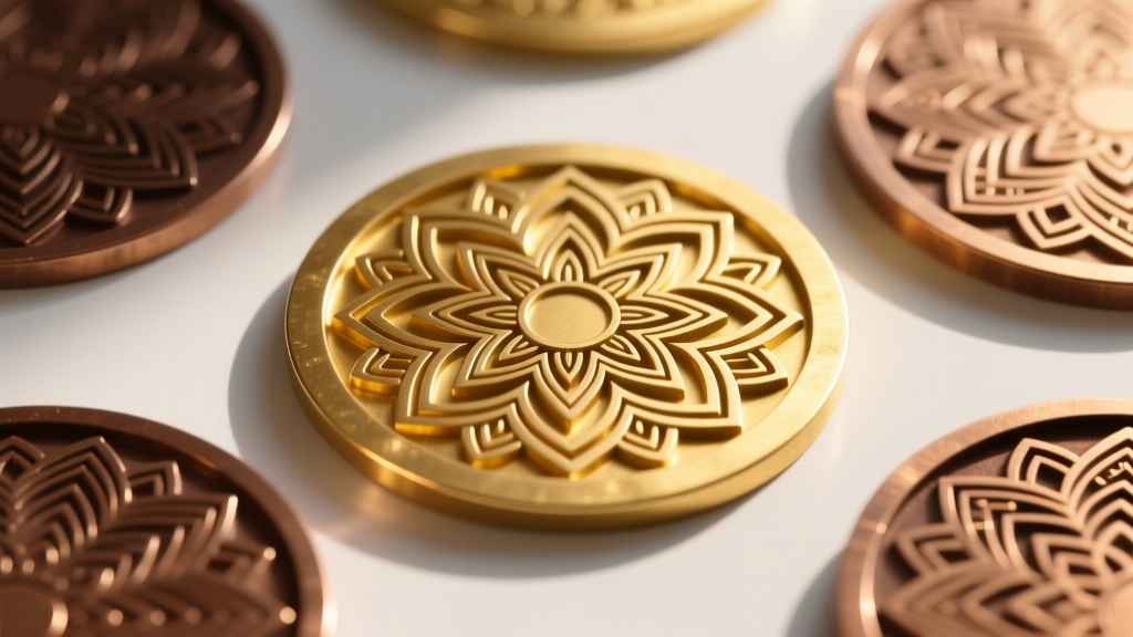 Close-up of raw brass and bronze blanks stamped with boho mandalas, showing distinct yellow and brown color contrast in daylight.
