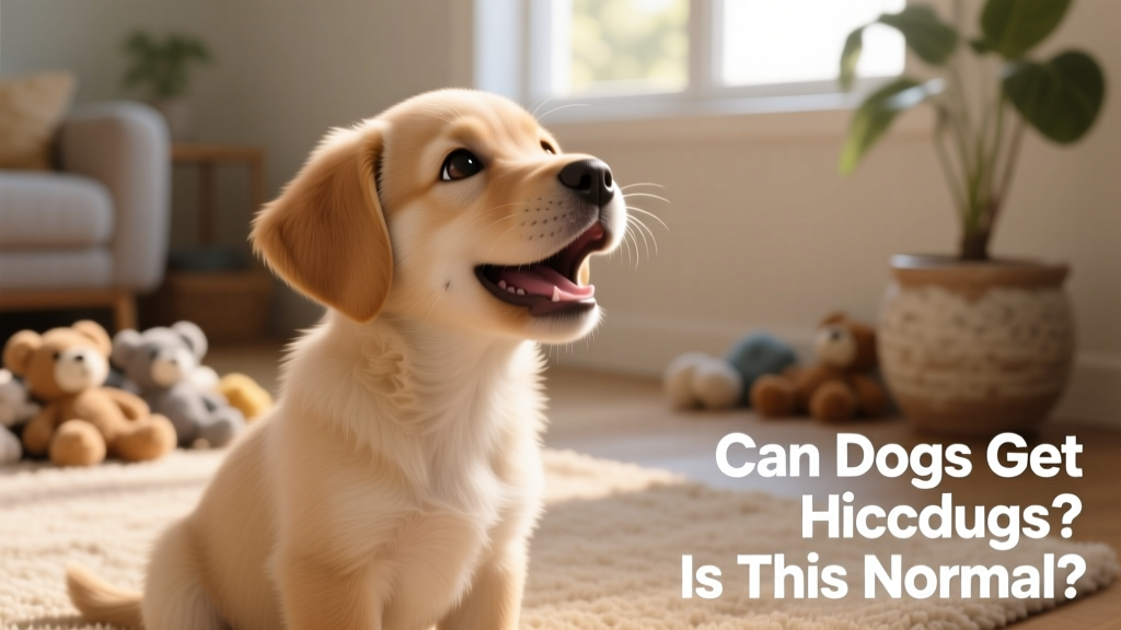Side view of a calm, smiling puppy mid-hiccup, showing subtle chest movement