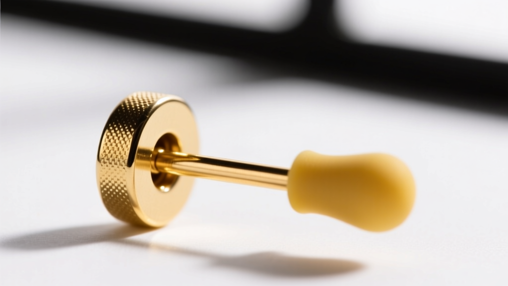 Macro shot of a 20-gauge solid 14k yellow gold earring wire post with a silicone friction back, sharp focus on metal
