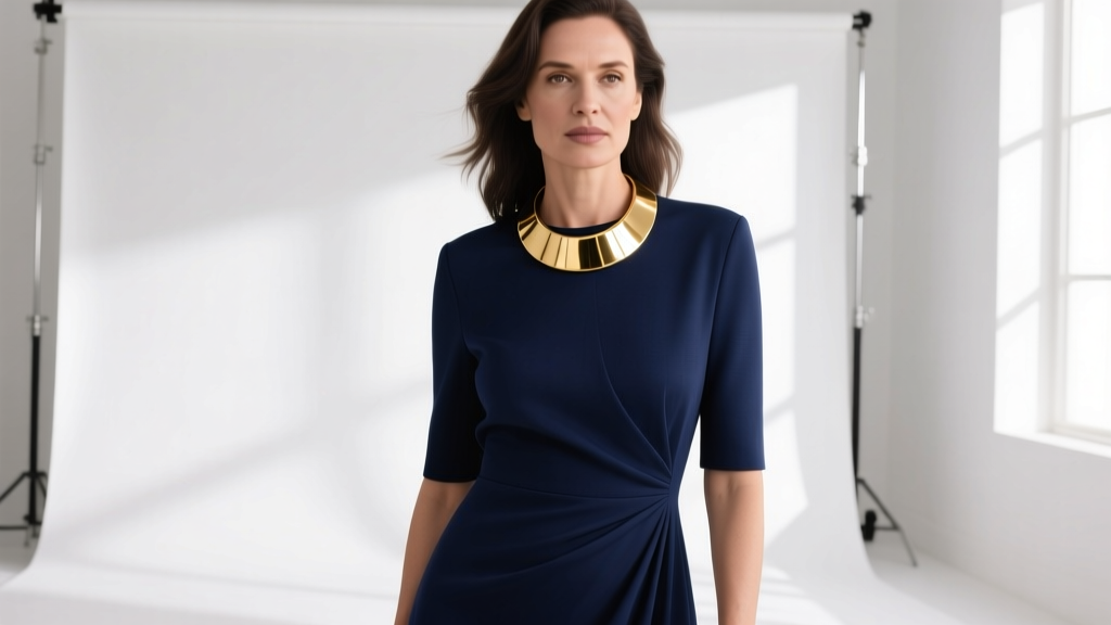 Woman in navy crew neck dress wearing a high-polish 18k gold 14-inch collar necklace resting above the hem, studio light