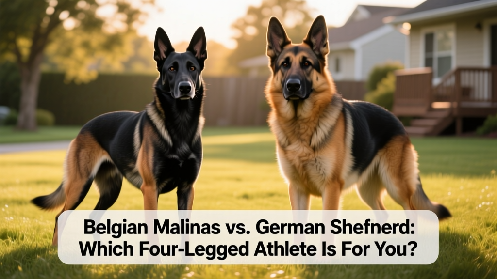 Side-by-side comparison of a Belgian Malinois and a German Shepherd standing alert on grass