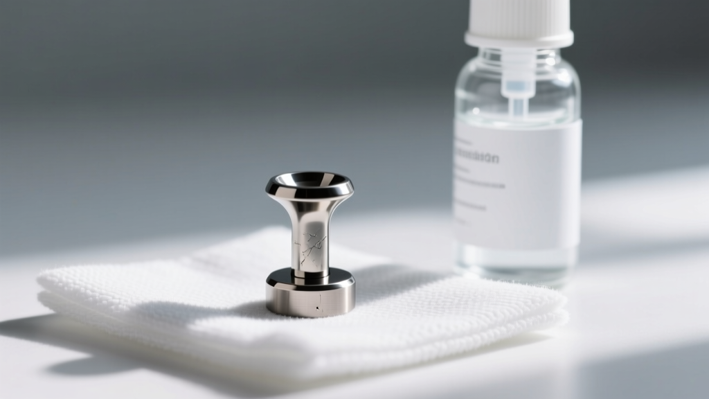 Close-up of a polished implant-grade titanium labret stud resting on a clean microfiber cloth beside a sterile saline spray bottle.