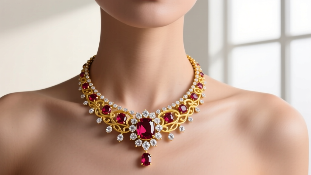 Burmese ruby and diamond necklace in 18k yellow gold, featuring a prong setting maximizing light return on the collarbone