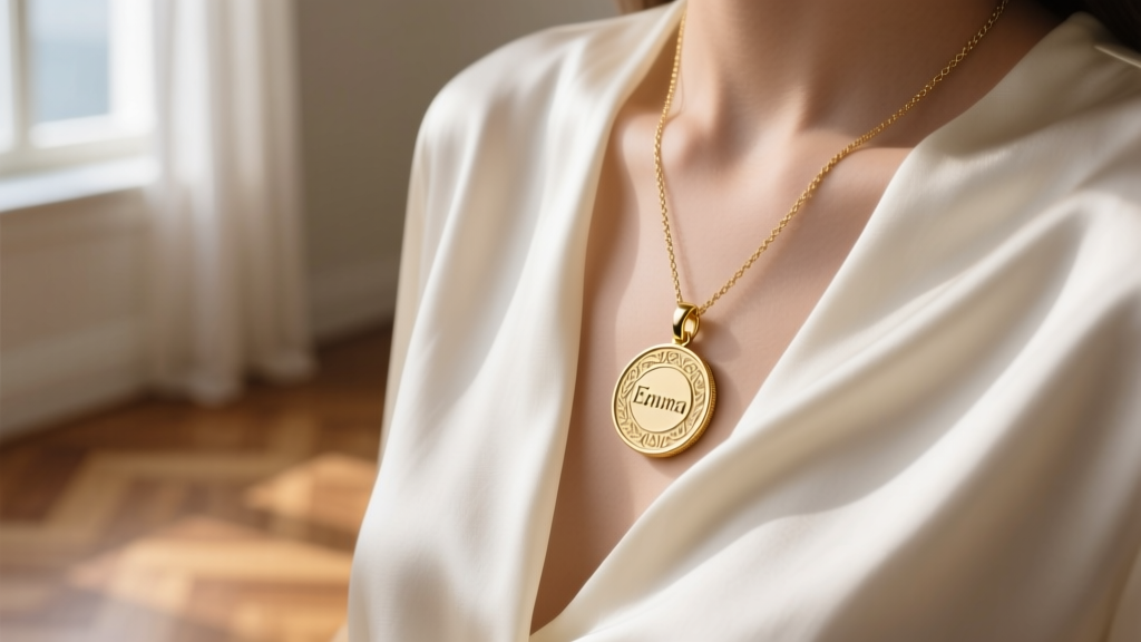 Close-up of a textured 14k gold vermeil Emma coin pendant necklace resting on a silk blouse with soft natural window lighting