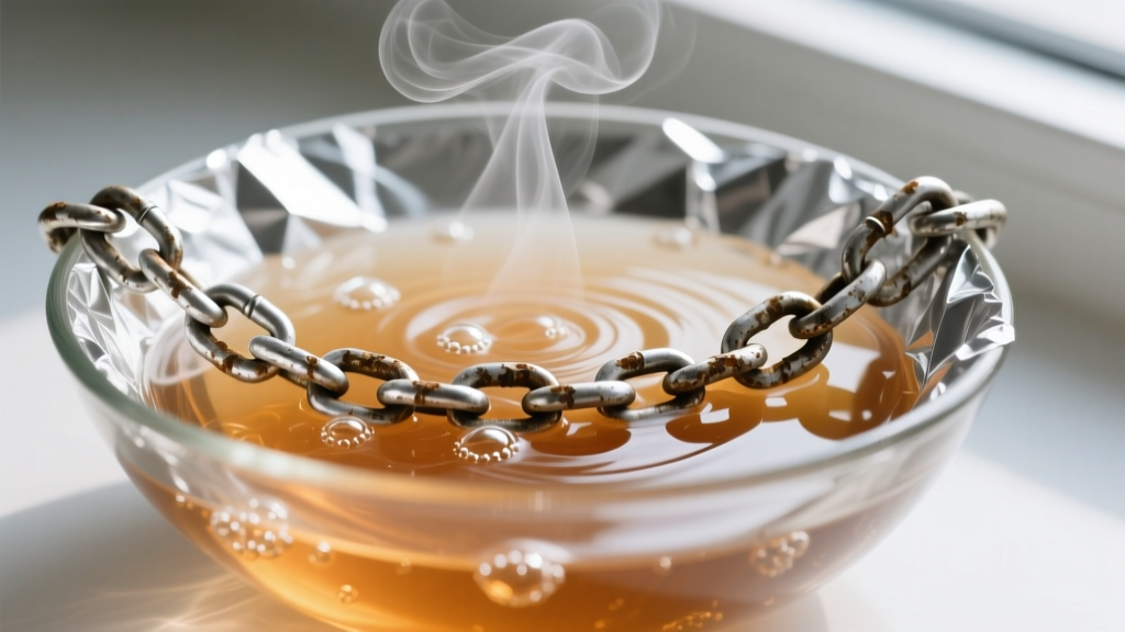 Close-up of a tarnished silver chain in a glass bowl lined with aluminum foil, showing bubbling hot water and steam rising gently