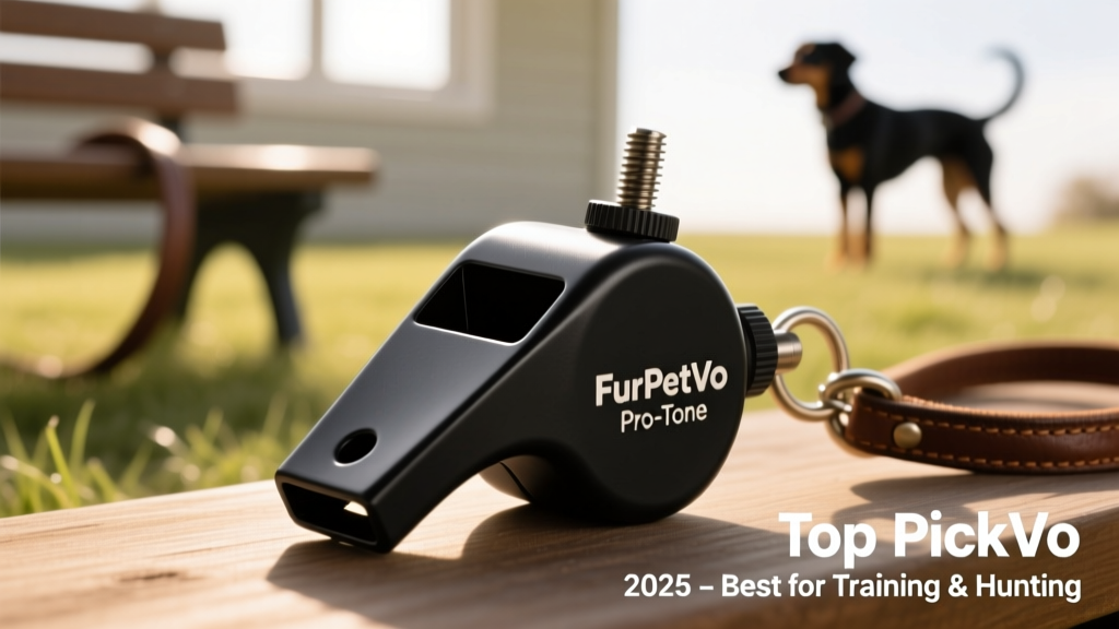 Close-up of the FurPetVo Pro-Tone whistle showing its adjustable screw mechanism and ergonomic grip