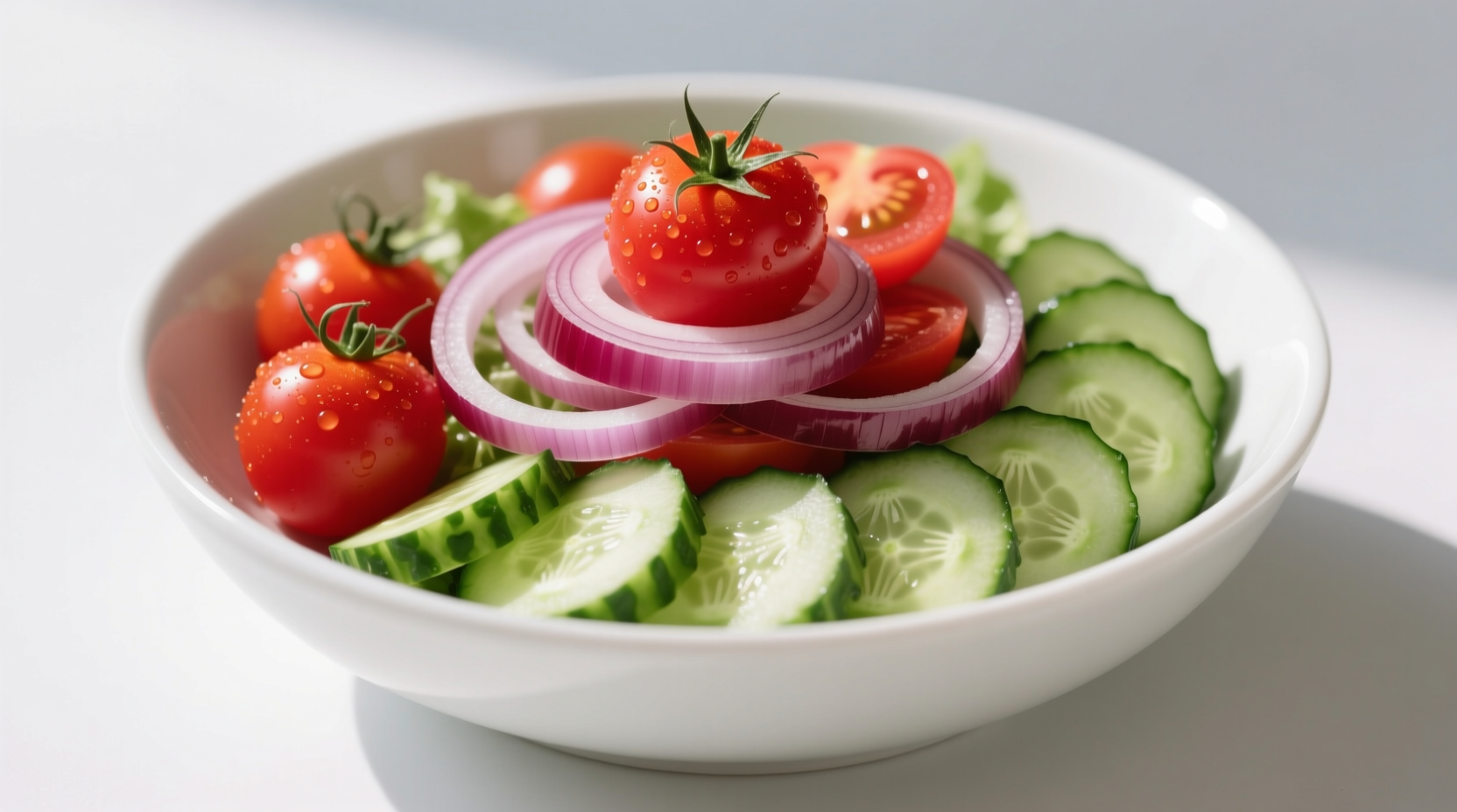 Fresh tomato red onion cucumber salad in white bowl
