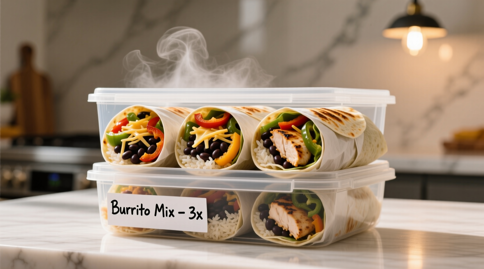 Meal-prepped homemade burritos in freezer