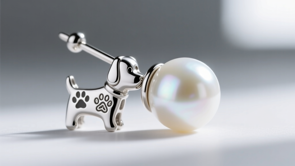 Macro shot of the metal peg and epoxy joint attaching a round white crystal pearl to a sterling silver dog charm earring.