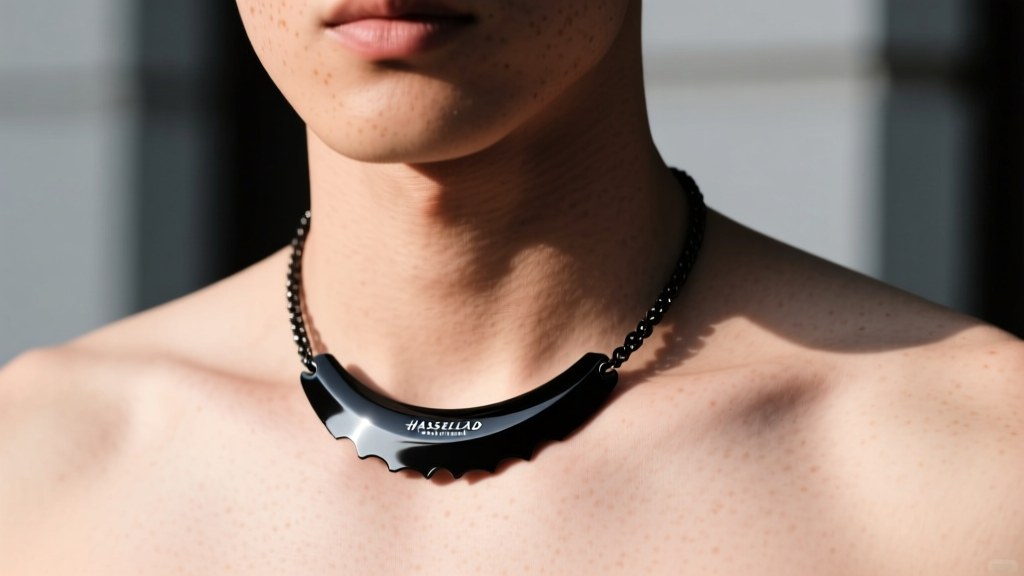 Close-up of a person wearing a black PVD-coated titanium razor blade necklace, photographed from the chest up in natural sunlight.
