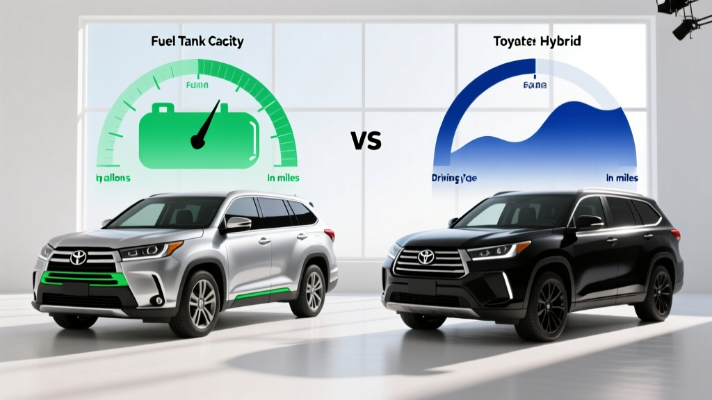 A side-by-side infographic comparing the fuel tank size and estimated driving range of the Toyota Highlander Hybrid and the gas-powered Highlander.
