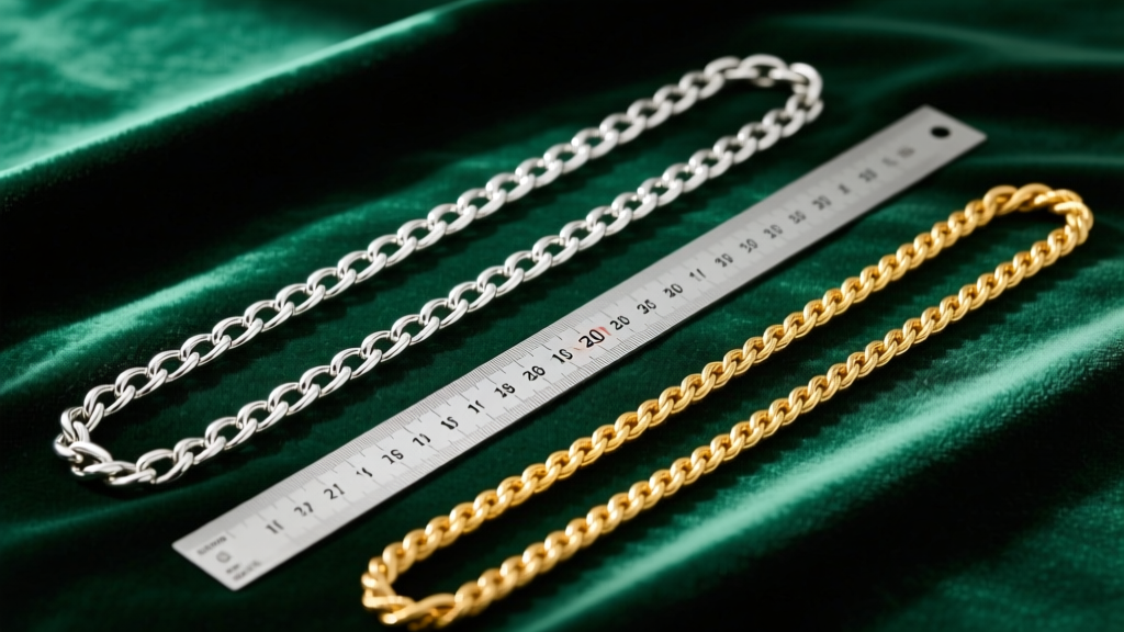 Ruler measuring a 16-inch silver box chain next to a 20-inch gold rope chain on dark green velvet fabric in soft daylight.