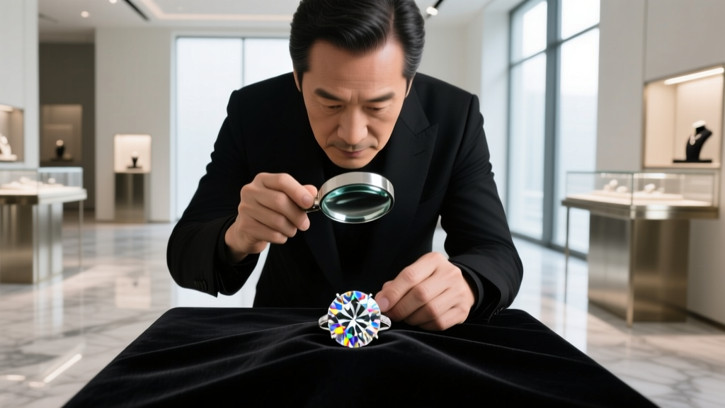 Jeweler inspecting a flawless round brilliant diamond ring with a loupe on black velvet in a luxurious studio gallery.