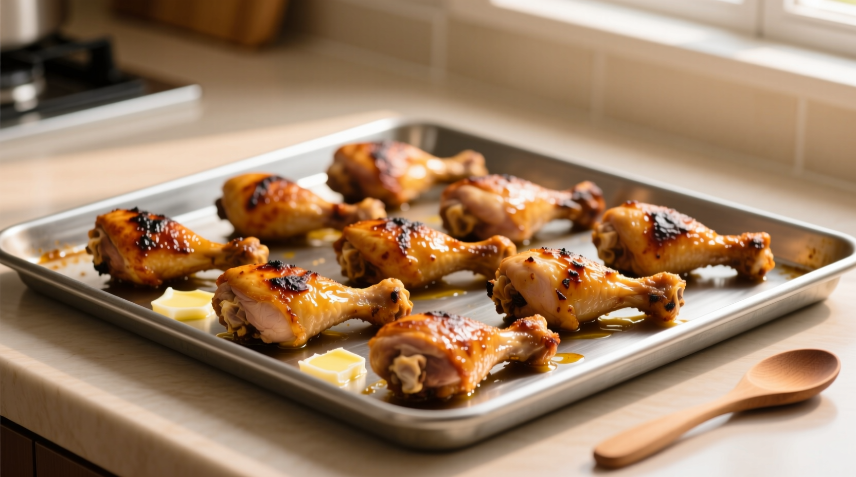 Golden brown chicken drumsticks on baking sheet