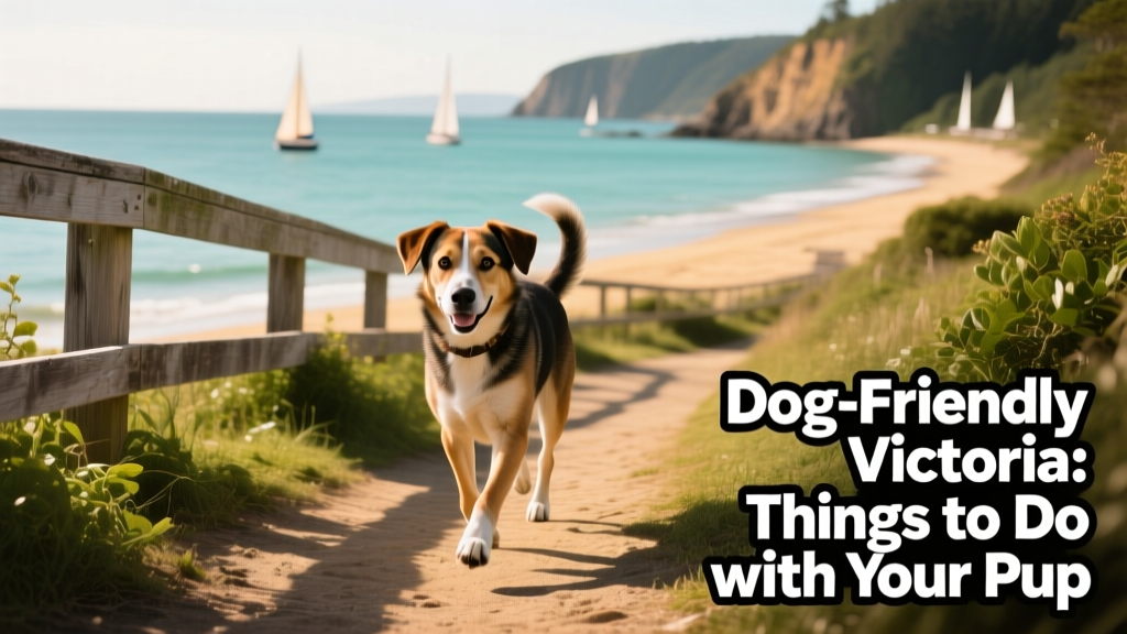 A mixed-breed dog walking along a shaded coastal trail with ocean views in the background
