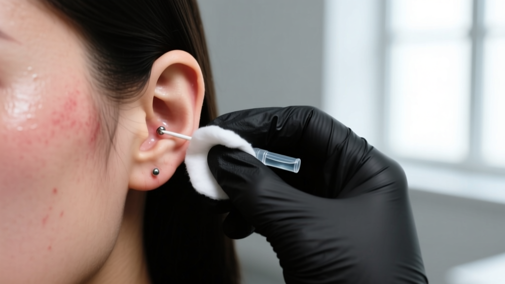 Piercer wearing black nitrile gloves gently cleaning a fresh left ear lobe piercing with sterile saline and a soft cotton swab.