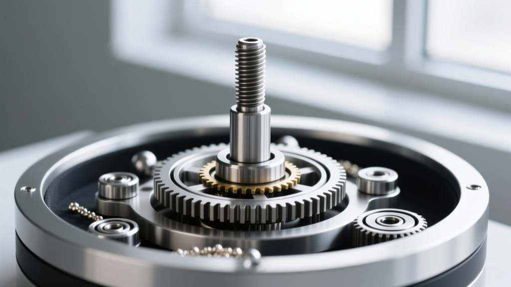 Macro shot of a zinc alloy central spindle and steel ball-bearing gear inside a premium rotating jewelry organizer base.