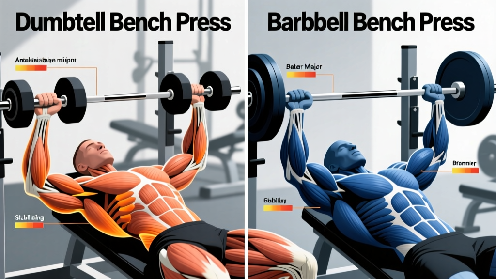 Side-by-side comparison diagram showing muscle activation differences between dumbbell and barbell bench press exercises