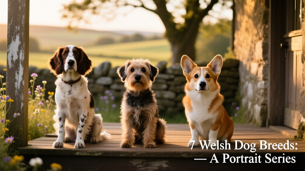 Side-by-side portraits of a Welsh Springer Spaniel, Welsh Terrier, and Cardigan Corgi sitting attentively on a rustic wooden porch