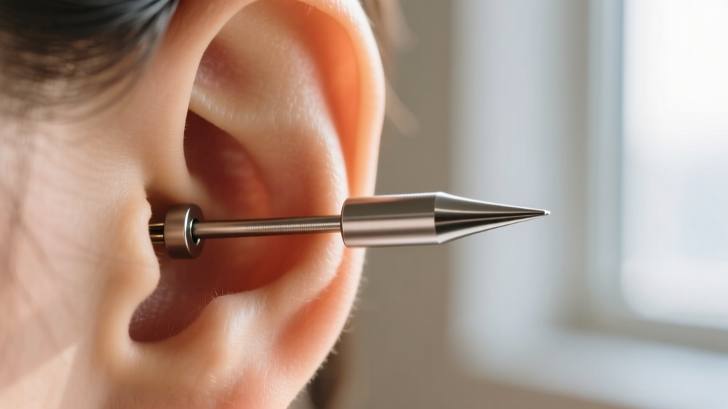 Steel insertion taper sliding smoothly into a stretched earlobe, demonstrating proper gauge sizing and alignment technique