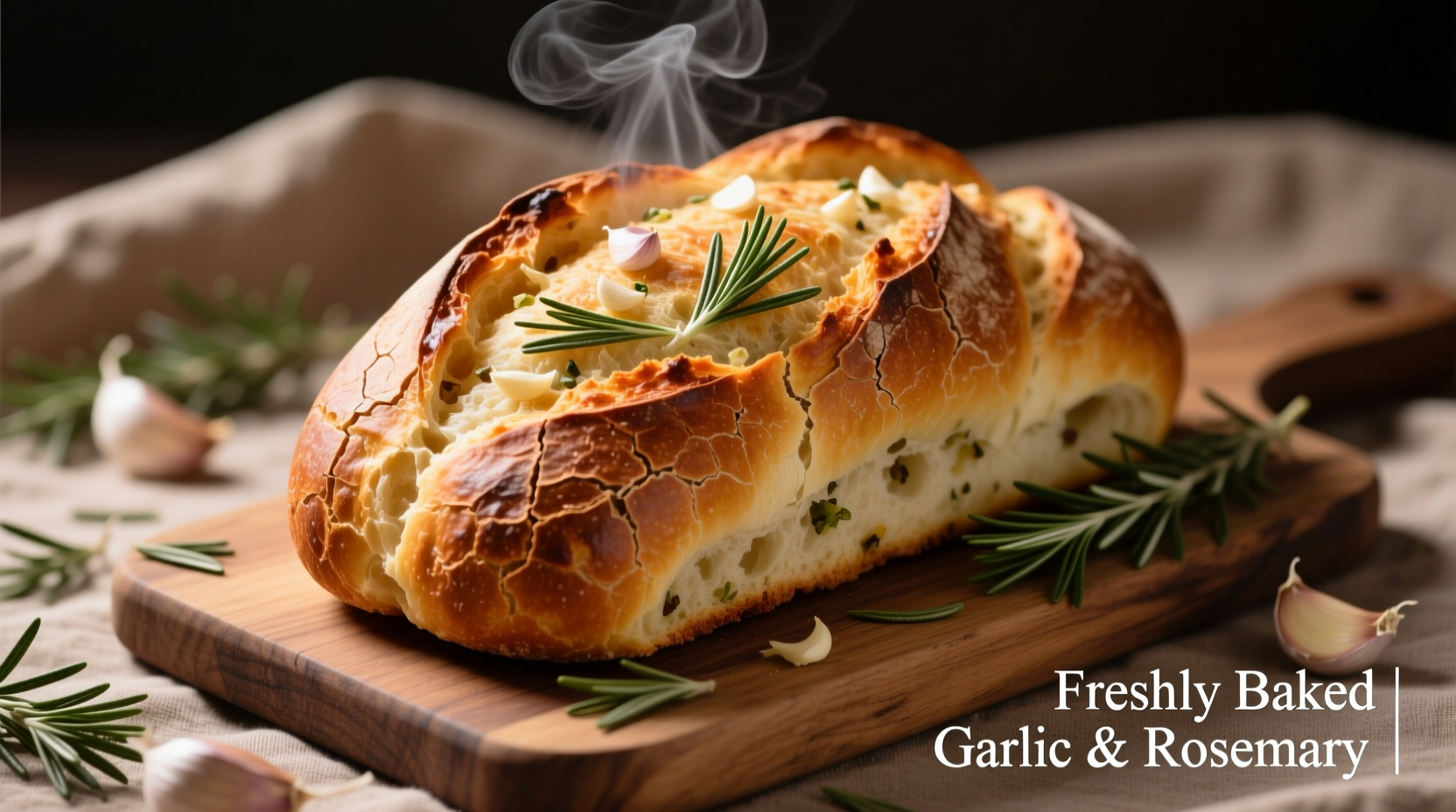 Freshly baked garlic rosemary bread with crispy crust