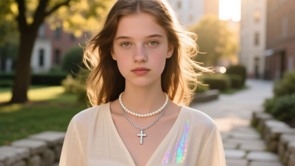 Teenage girl wearing a sterling silver miniature cross necklace on a 1.2mm box chain, layered with a pearl strand in sunlight
