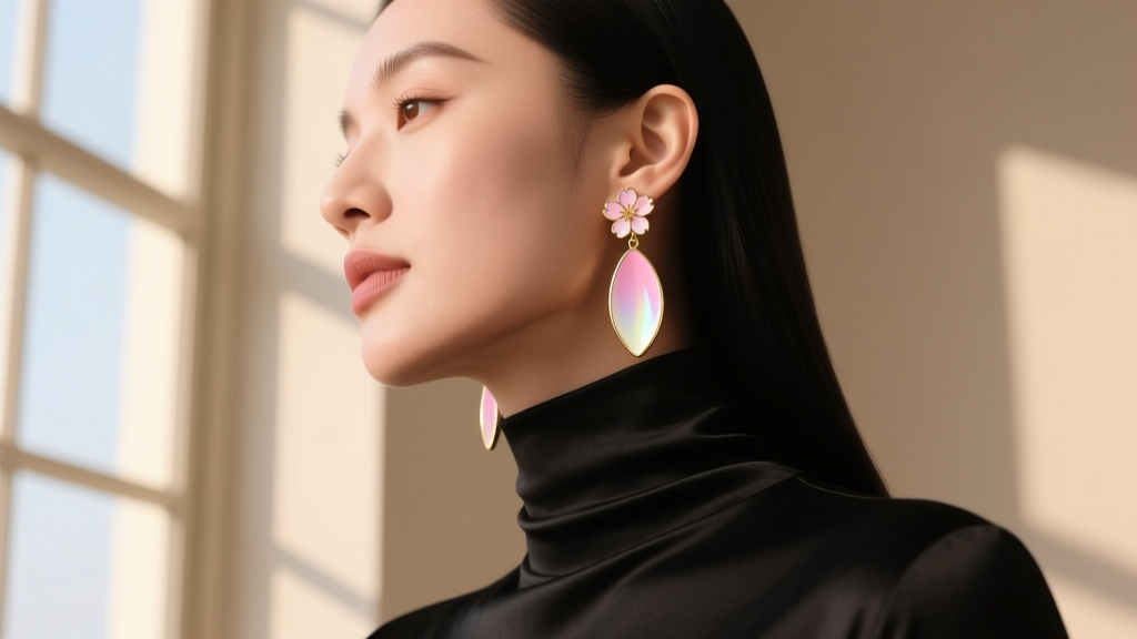 Side profile of a woman wearing long Almond Blossom enamel drop earrings, styled with a black turtleneck in soft natural lighting.