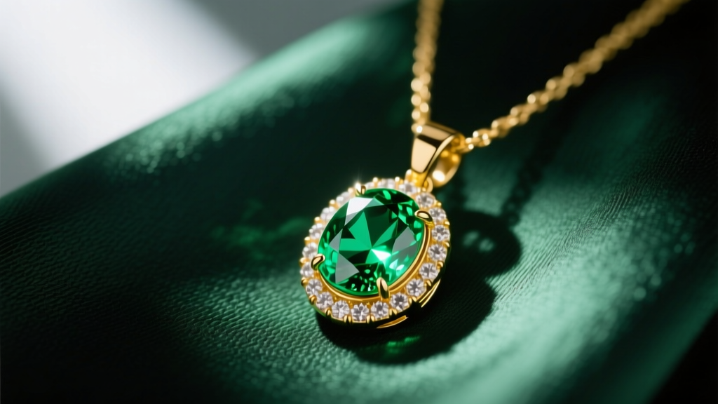Macro shot of an 18k yellow gold pendant necklace with a bezel-set oval tsavorite resting on dark emerald green silk fabric.