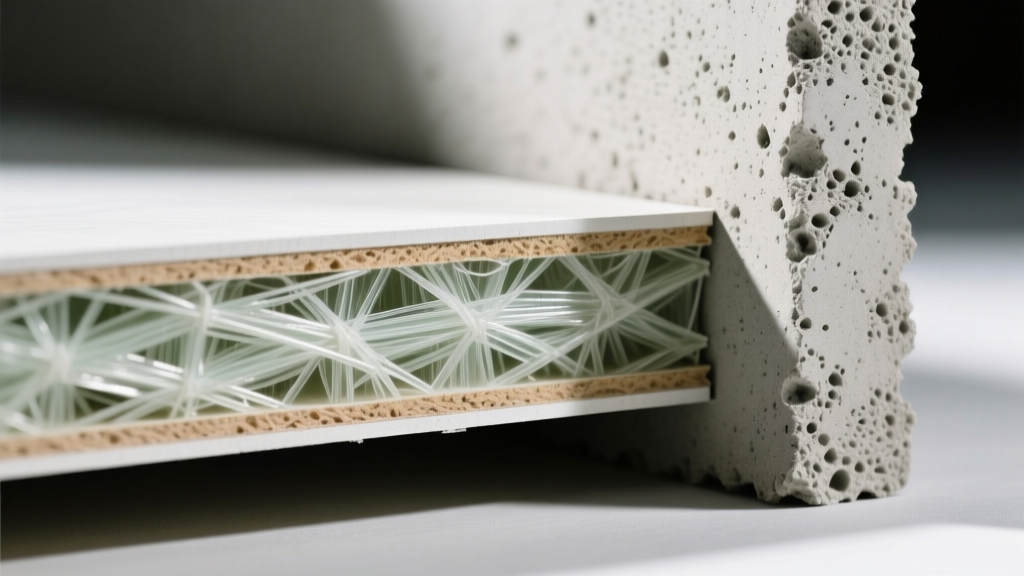 Close-up of a 5/8-inch Type X gypsum board cross-section showing the dense glass-fiber reinforced core next to a concrete masonry unit wall