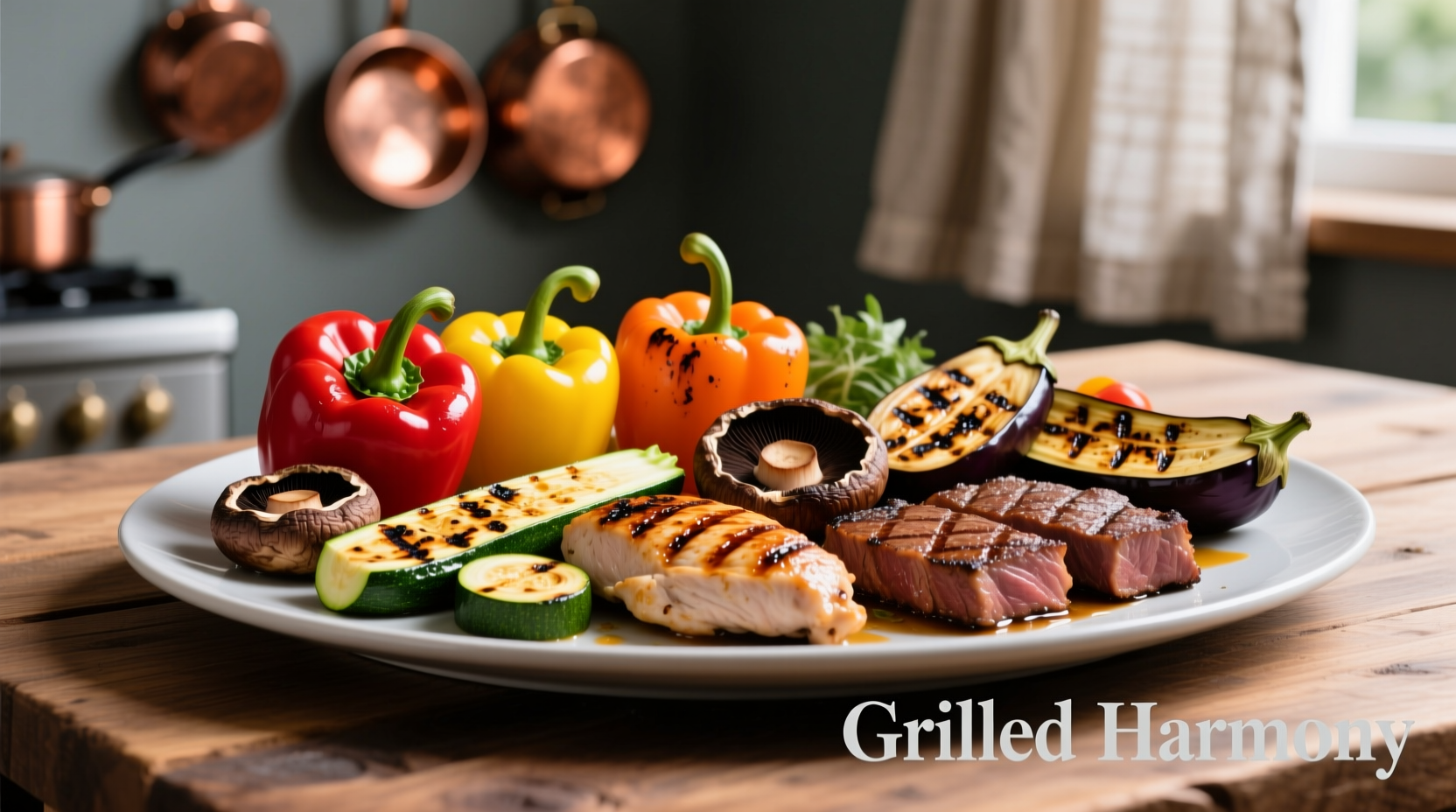Colorful assortment of grilled vegetables and proteins on platter