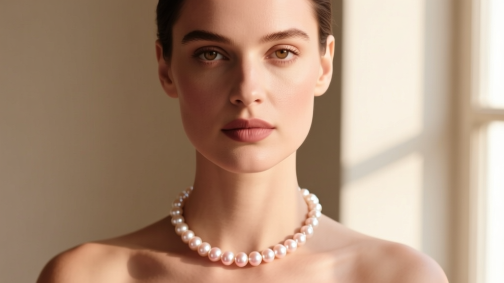 Close-up portrait of a woman wearing a 16-inch Lucoral pearl choker, highlighting rose overtones against her skin in warm lighting