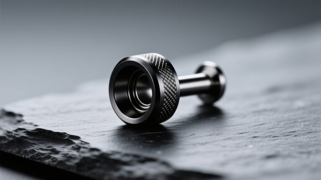 Macro shot of ASTM F136 implant-grade titanium labret stud with matte black PVD coating, resting on a textured dark slate surface