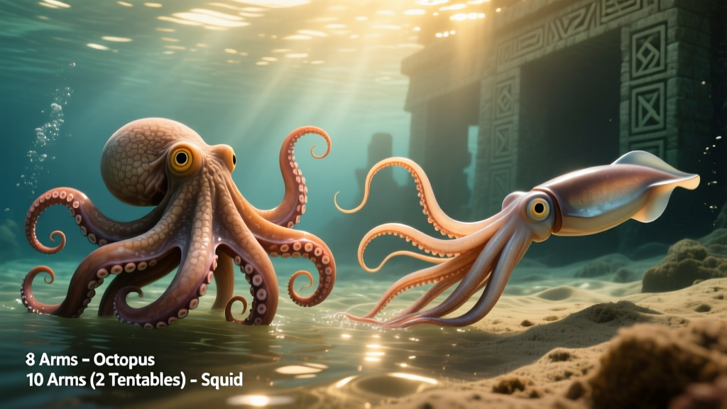 Side-by-side comparison diagram of an octopus and a squid highlighting arm count and head shape