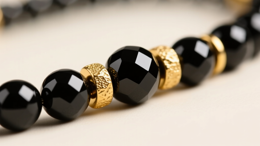 Macro close-up of polished black spinel beads interspersed with textured 18k yellow gold spacer beads, highlighting natural luster.