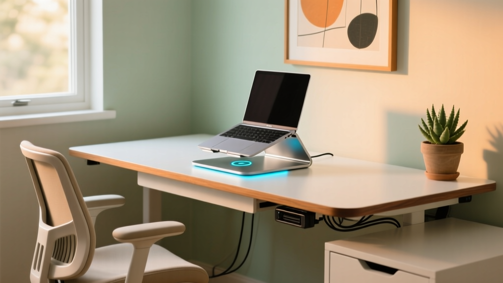 Compact home office desk featuring a foldable laptop stand, wireless charging pad, and hidden cable management in warm lighting.