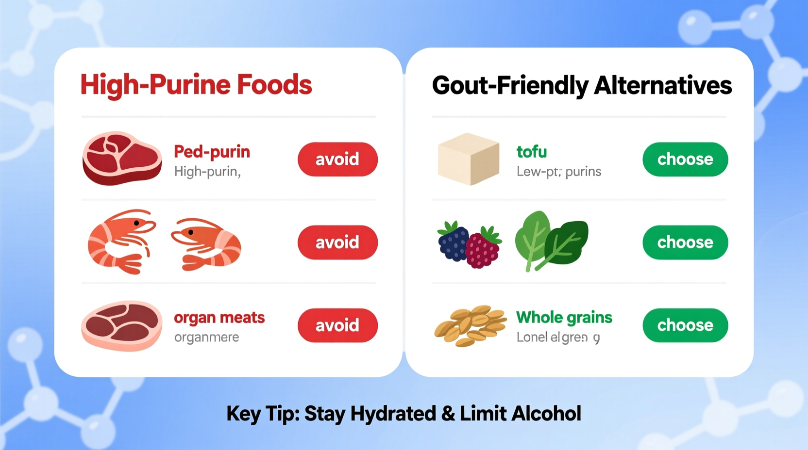Gout diet comparison showing healthy alternatives