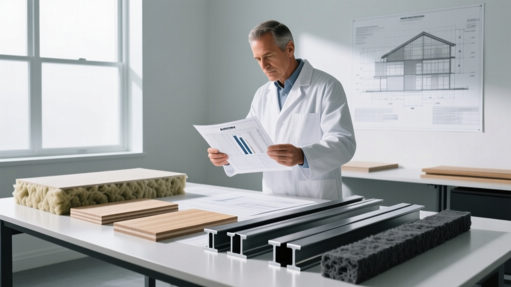 Structural engineer reviewing ASTM technical data sheets, gypsum board samples, mineral wool, and steel beams on a drafting table.