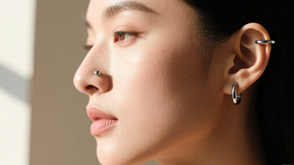 Side profile showing a person wearing a minimalist 316L stainless steel septum clicker with a seamless closure against clear skin