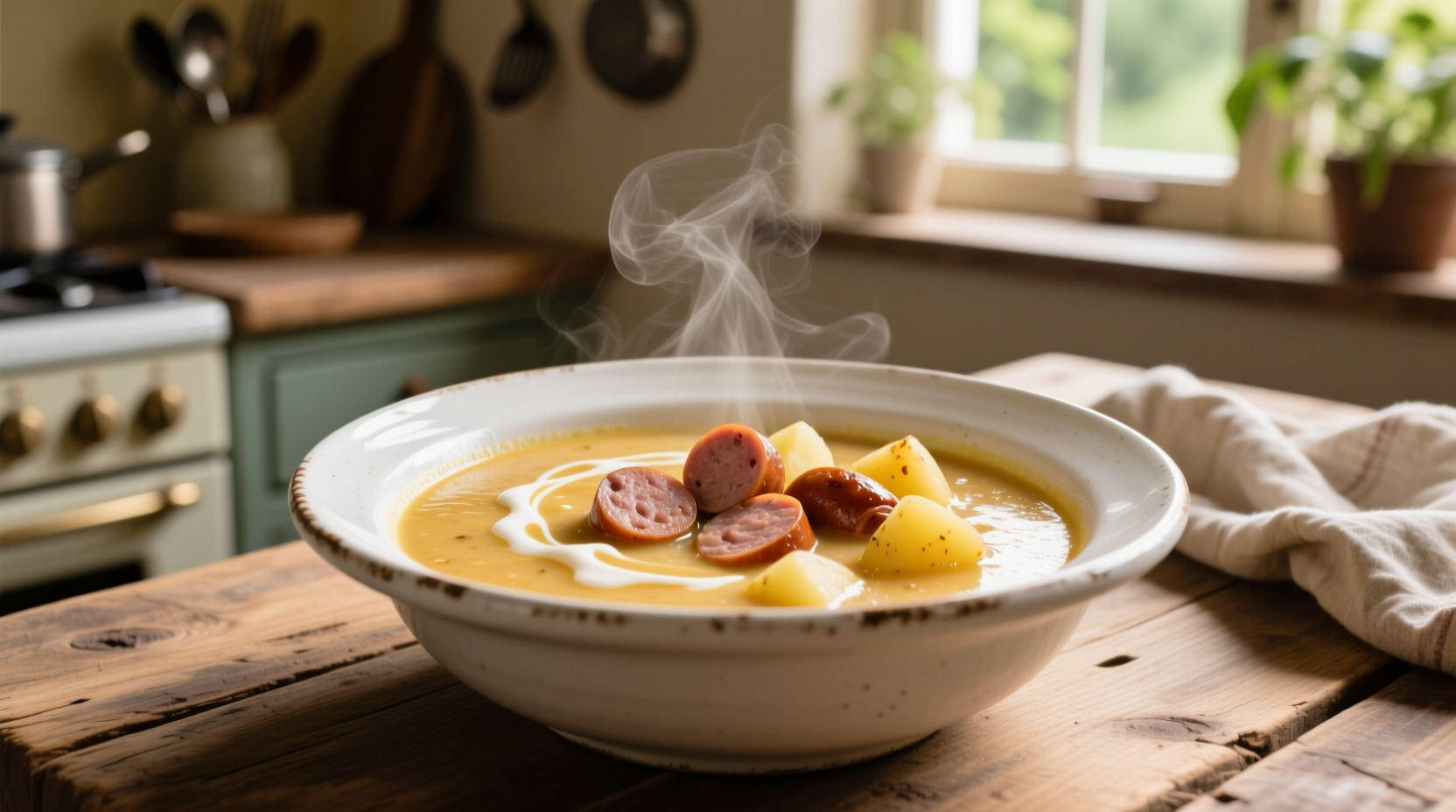 Creamy sausage and potato soup in white bowl