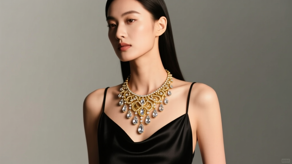 Model wearing an 18k gold chandelier crystal necklace over a black silk halter top, illuminated by soft, warm studio lighting.