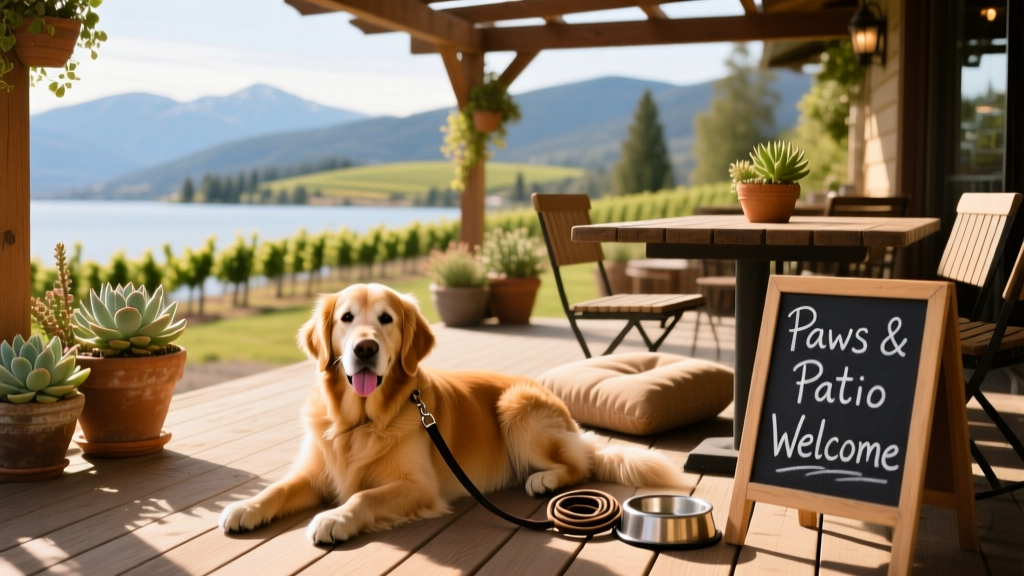 A dog relaxing on the patio of a dog-friendly restaurant in Kelowna