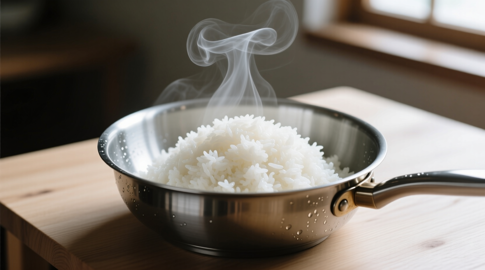 Perfectly cooked white rice in saucepan with steam rising