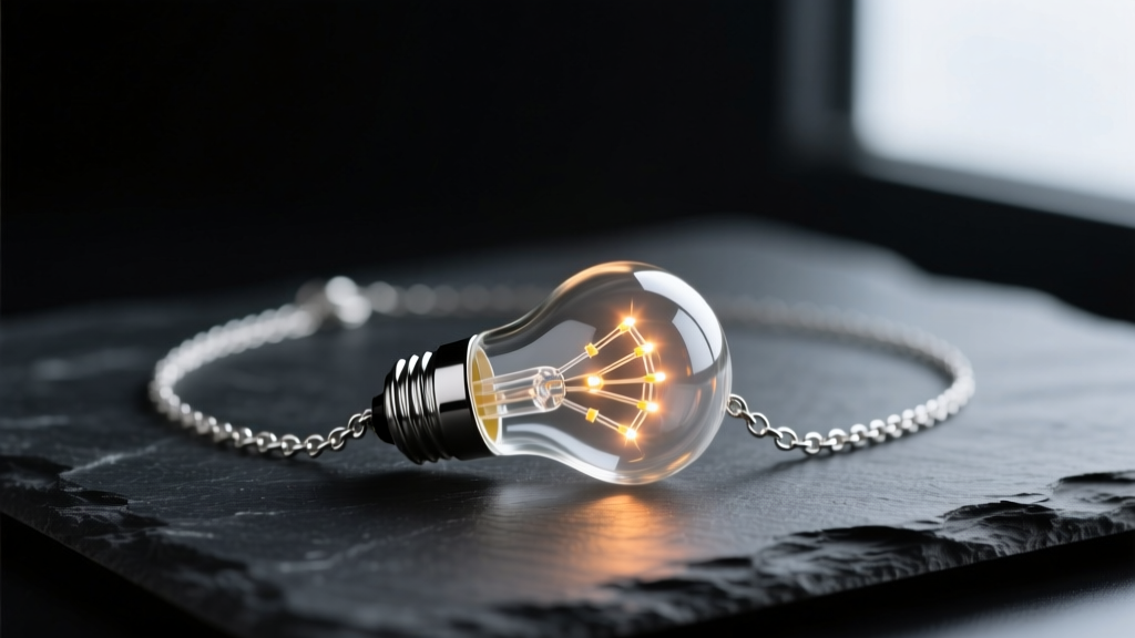 Close-up of a glowing micro-LED light bulb necklace on dark slate, featuring a borosilicate glass enclosure and a silver chain