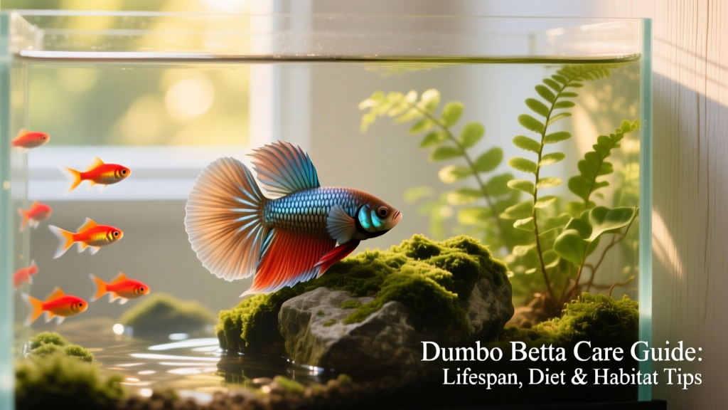Well-planted 10-gallon aquarium with a Dumbo Betta resting near a moss-covered rock, surrounded by Ember Tetras and Java Fern