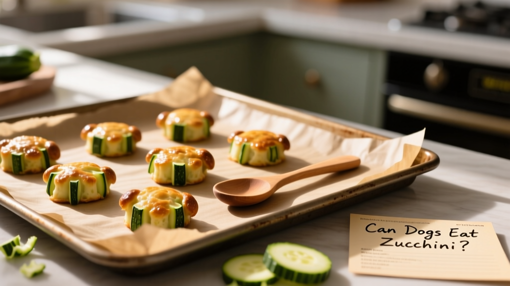 Homemade zucchini dog treats arranged on a parchment-lined baking sheet