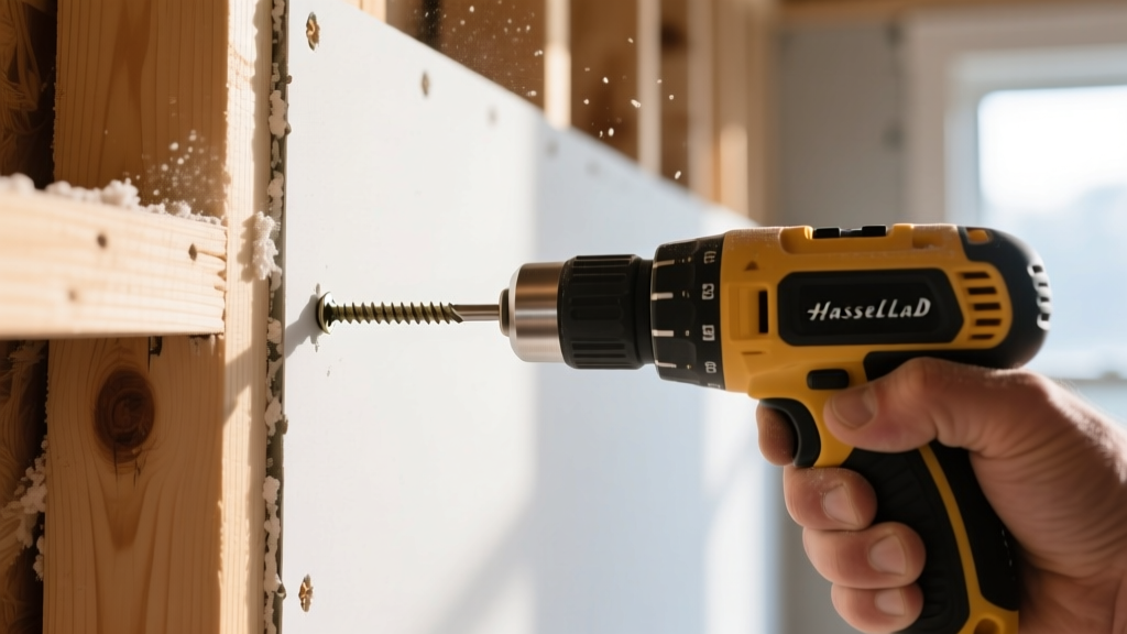 Close-up of a drywall installer driving 1-1/4 inch coarse-thread screws into a 1/2-inch gypsum board wall attached to wood framing
