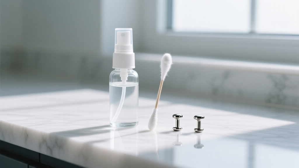 Sterile saline spray, cotton swab, and titanium nose studs on a white marble counter, lit by bright, clean natural window light.